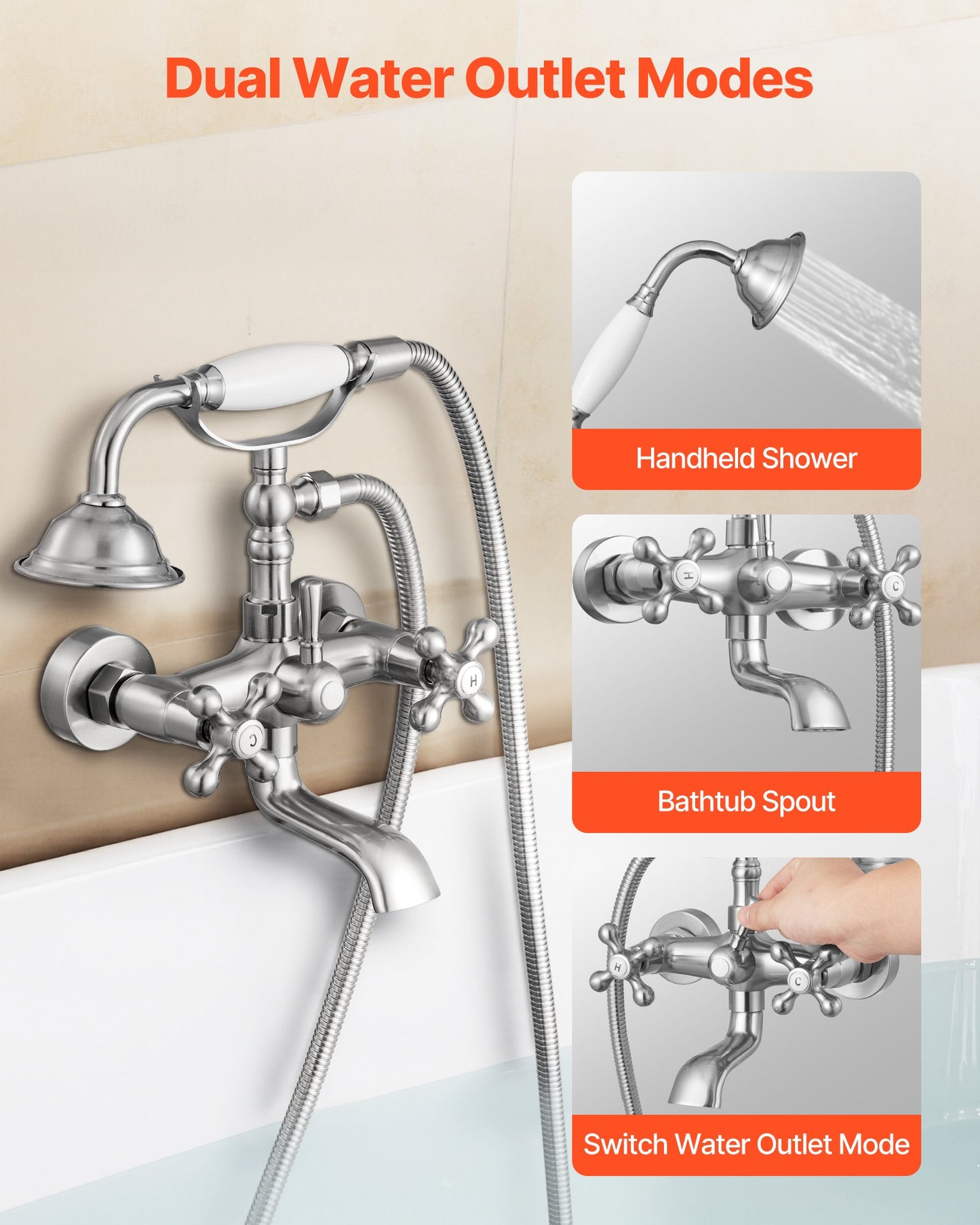 Clawfoot Tub Faucet, Wall Mount Bathtub Faucets with Handheld Shower, Vintage Brushed Nickel Clawfoot Tub Filler Faucet Shower Kit with Adjustable Swing Arms & 360° Rotation Spout for Bathtubs