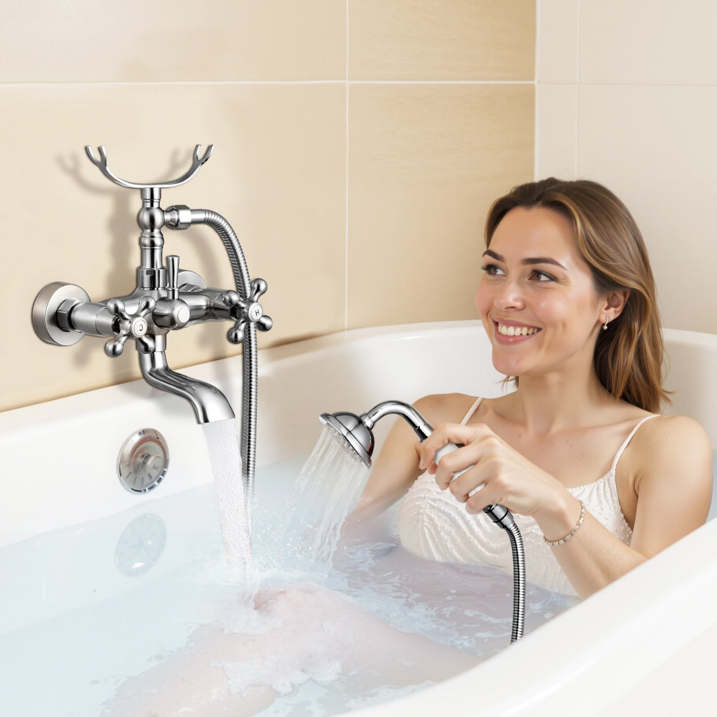 Clawfoot Tub Faucet, Wall Mount Bathtub Faucets with Handheld Shower, Vintage Brushed Nickel Clawfoot Tub Filler Faucet Shower Kit with Adjustable Swing Arms & 360° Rotation Spout for Bathtubs