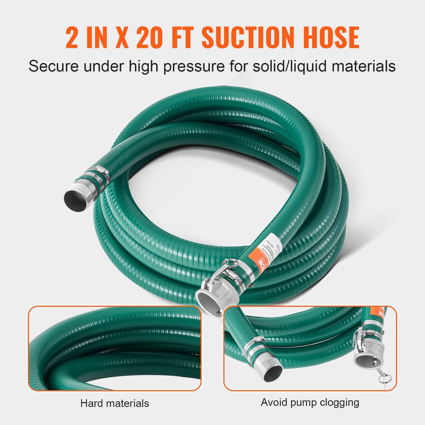 Suction Hose Kit for Water Pump, with 2 in x 50 ft Blue Backwash Hose, 20 ft Green Suction Hose, and Steel Round Hole Strainer, Camlocks, Clamps, Cam & Groove Adapter, for Multiple Purposes
