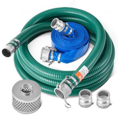 Suction Hose Kit for Water Pump, with 2 in x 65 ft Blue Backwash Hose, 20 ft Green Suction Hose, and Steel Round Hole Strainer, Camlocks, Clamps, Cam & Groove Adapter, for Multiple Purposes
