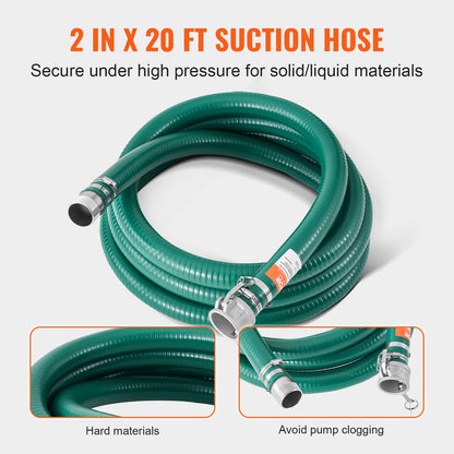 Suction Hose Kit for Water Pump, with 2 in x 65 ft Blue Backwash Hose, 20 ft Green Suction Hose, and Steel Round Hole Strainer, Camlocks, Clamps, Cam & Groove Adapter, for Multiple Purposes