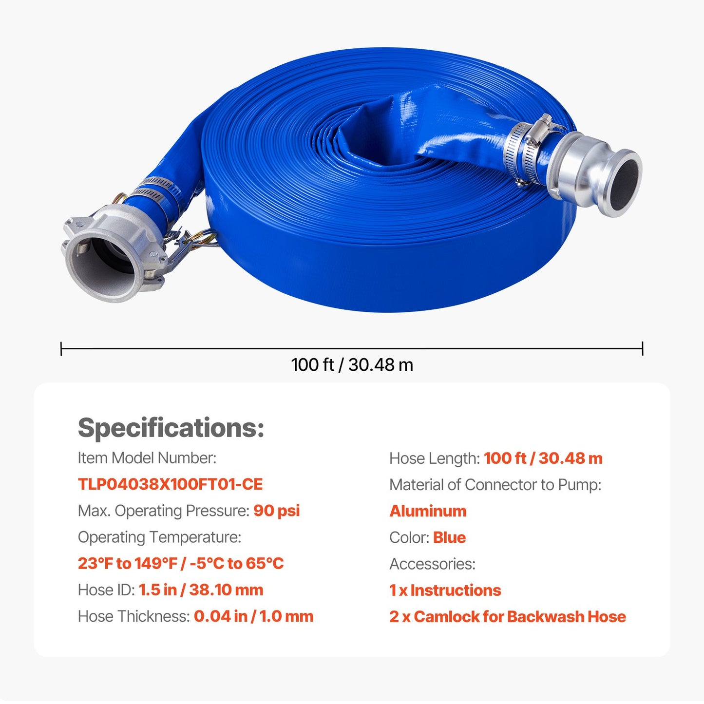 Backwash Hose, 1.5 in x 100 ft, Blue High Quality PVC Hose, with Clamps, Camlock, Aluminum Fittings, Fit Various Pumps, for Sewage Treatment, Water Transportation and More Agricultural Purposes