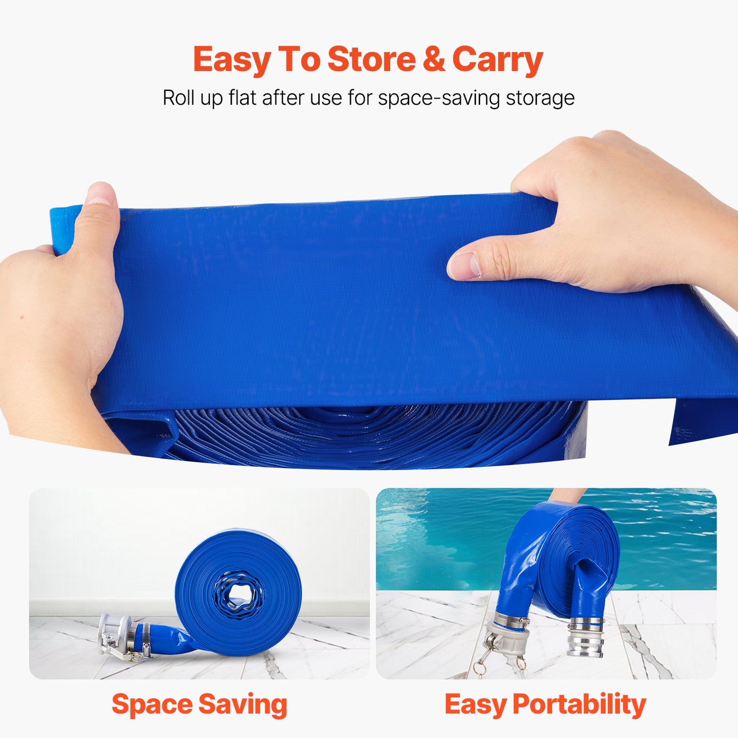 Backwash Hose, 3 in x 50 ft, Blue High Quality PVC Hose, with Clamps, Camlock, Aluminum Fittings, Fit Various Pumps, for Sewage Treatment, Water Transportation and More Agricultural Purposes