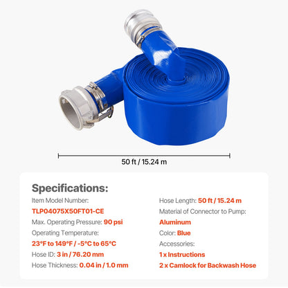 Backwash Hose, 3 in x 50 ft, Blue High Quality PVC Hose, with Clamps, Camlock, Aluminum Fittings, Fit Various Pumps, for Sewage Treatment, Water Transportation and More Agricultural Purposes
