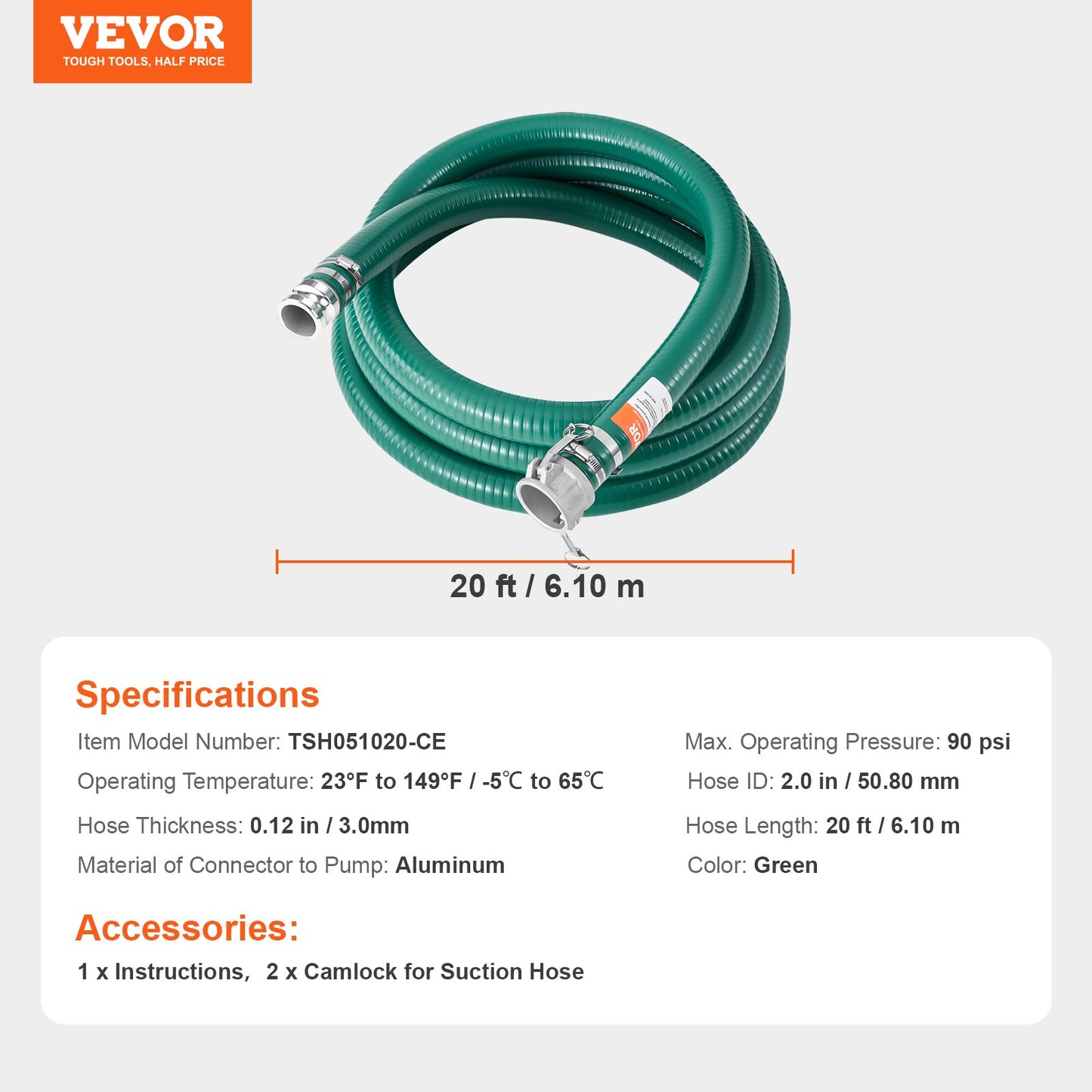 Suction Hose, 2 in x 20 ft, Green High Quality Hose, with Camlock Connectors, and Aluminum Fittings, Fit Various Pumps, for Sewage Treatment, Water Transportation and More Agricultural Purposes