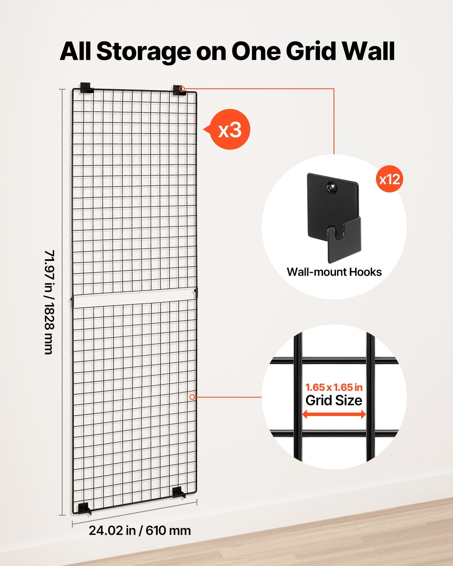 3 Packs Grid Wall Panels, 2 x 6 ft Wire Grid Panels Display Rack, Wall-Mounted Art Display Shelf, Black Carbon Steel Wall Hanging Gridwall for Craft Show, Decoration, Storage, Notice Board