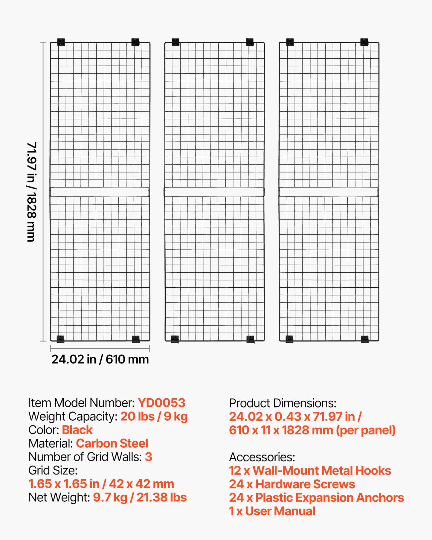 3 Packs Grid Wall Panels, 2 x 6 ft Wire Grid Panels Display Rack, Wall-Mounted Art Display Shelf, Black Carbon Steel Wall Hanging Gridwall for Craft Show, Decoration, Storage, Notice Board