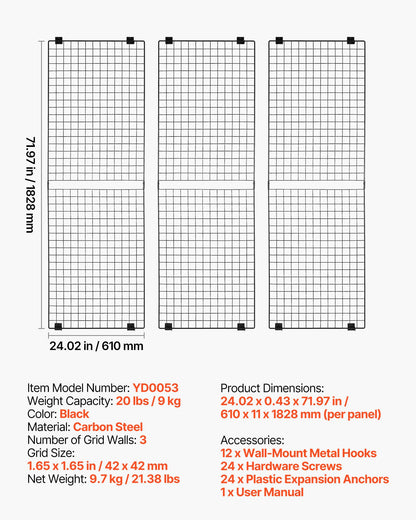 3 Packs Grid Wall Panels, 2 x 6 ft Wire Grid Panels Display Rack, Wall-Mounted Art Display Shelf, Black Carbon Steel Wall Hanging Gridwall for Craft Show, Decoration, Storage, Notice Board