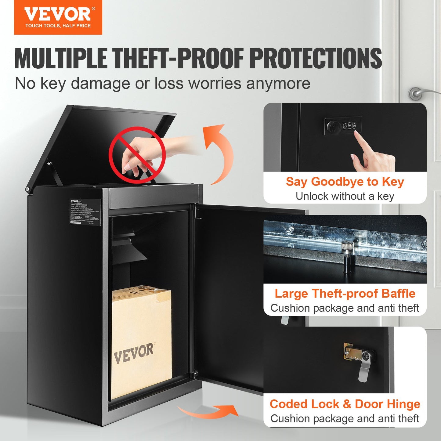 Paketboxen für den Außenbereich, 39,4 x 26,9 x 52,1 cm, verzinkter Stahl, Wandbriefkasten mit Zahlenschloss, Diebstahlschutz, IPX3-wasserdicht, abschließbarer großer Briefkasten für Veranda, Bordsteinkante