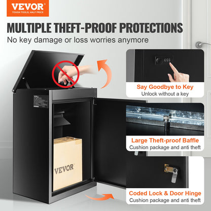 Paketboxen für den Außenbereich, 39,4 x 26,9 x 52,1 cm, verzinkter Stahl, Wandbriefkasten mit Zahlenschloss, Diebstahlschutz, IPX3-wasserdicht, abschließbarer großer Briefkasten für Veranda, Bordsteinkante