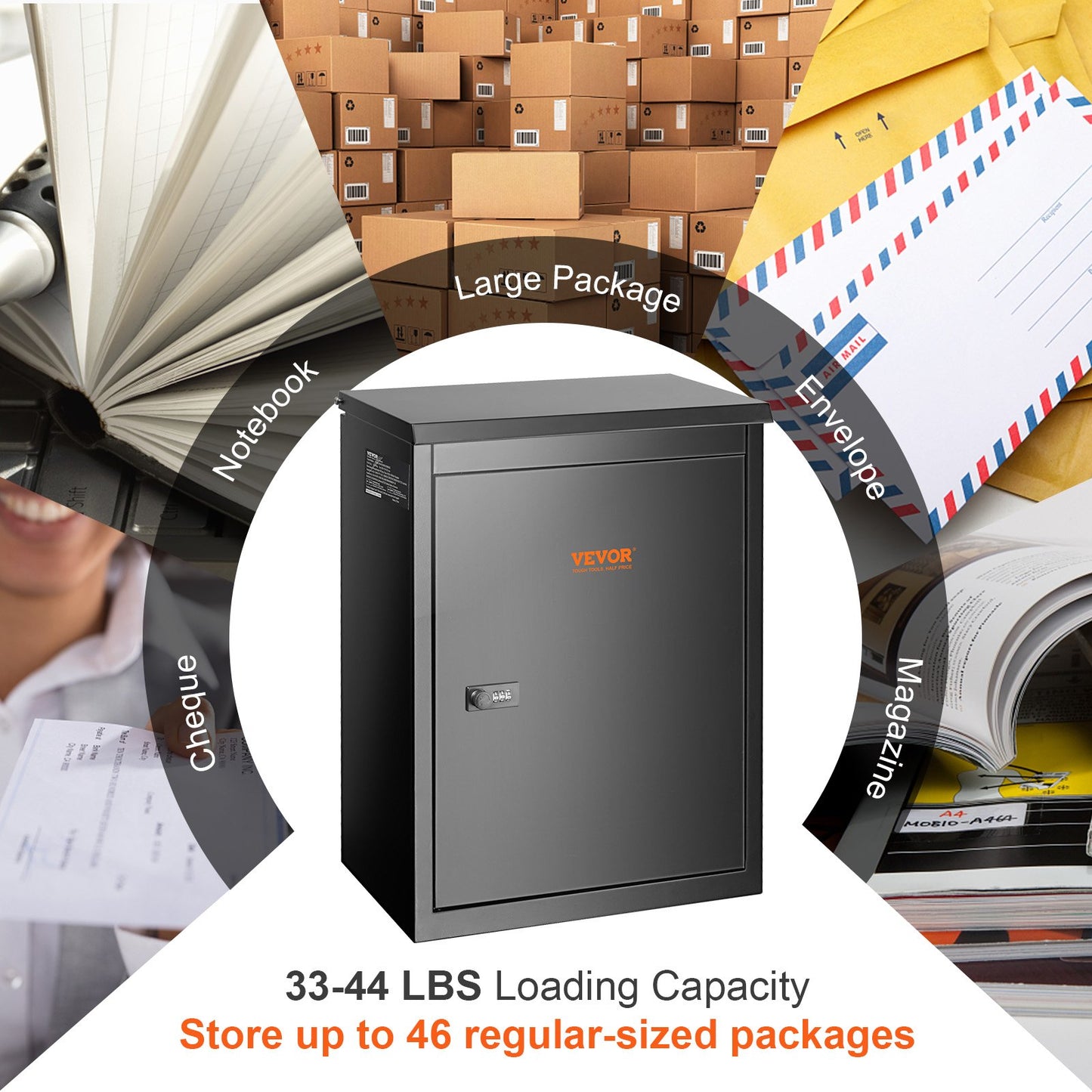 Paketboxen für den Außenbereich, 39,4 x 26,9 x 52,1 cm, verzinkter Stahl, Wandbriefkasten mit Zahlenschloss, Diebstahlschutz, IPX3-wasserdicht, abschließbarer großer Briefkasten für Veranda, Bordsteinkante