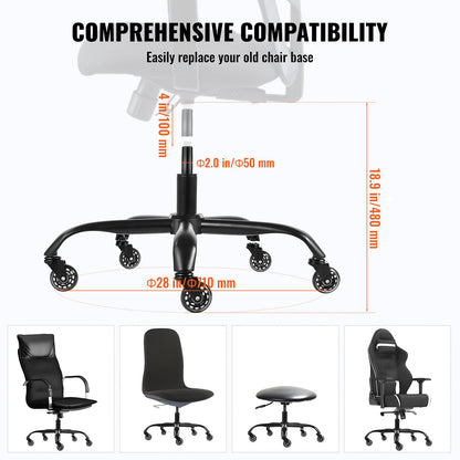 Office Chair Base Replacement, 28", 2500 lbs Static Load Capacity, Heavy Duty Universal Computer Desk Chair Stool Base Part with 5 Casters and Gas Cylinder, Desk Chair Base Replacement, Black