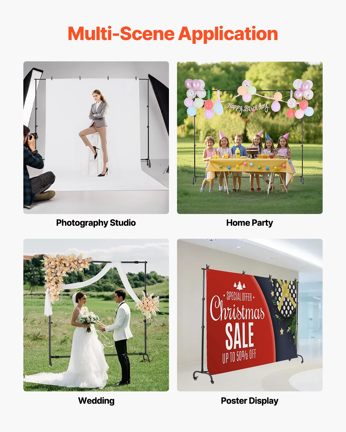 Backdrop Stand with Wheels, 7 x 10 ft Adjustable Photo Backdrop Stand Kit, Moveable Background Backdrop Stand, Heavy Duty Projector Screen Stand, for Wedding, Photo Studio & Party