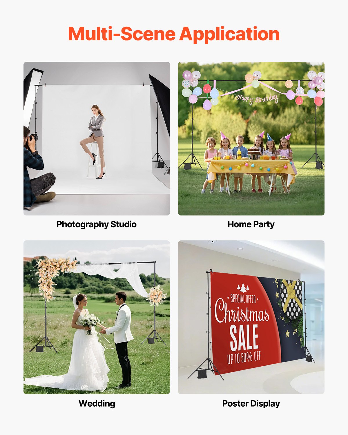 Backdrop Stand, 10 x 10 ft Adjustable Photo Backdrop Stand Kit, Portable Background Backdrop Stand with 4 Crossbars, Heavy Duty Projector Screen Stand, for Wedding, Photo Video Studio & Party