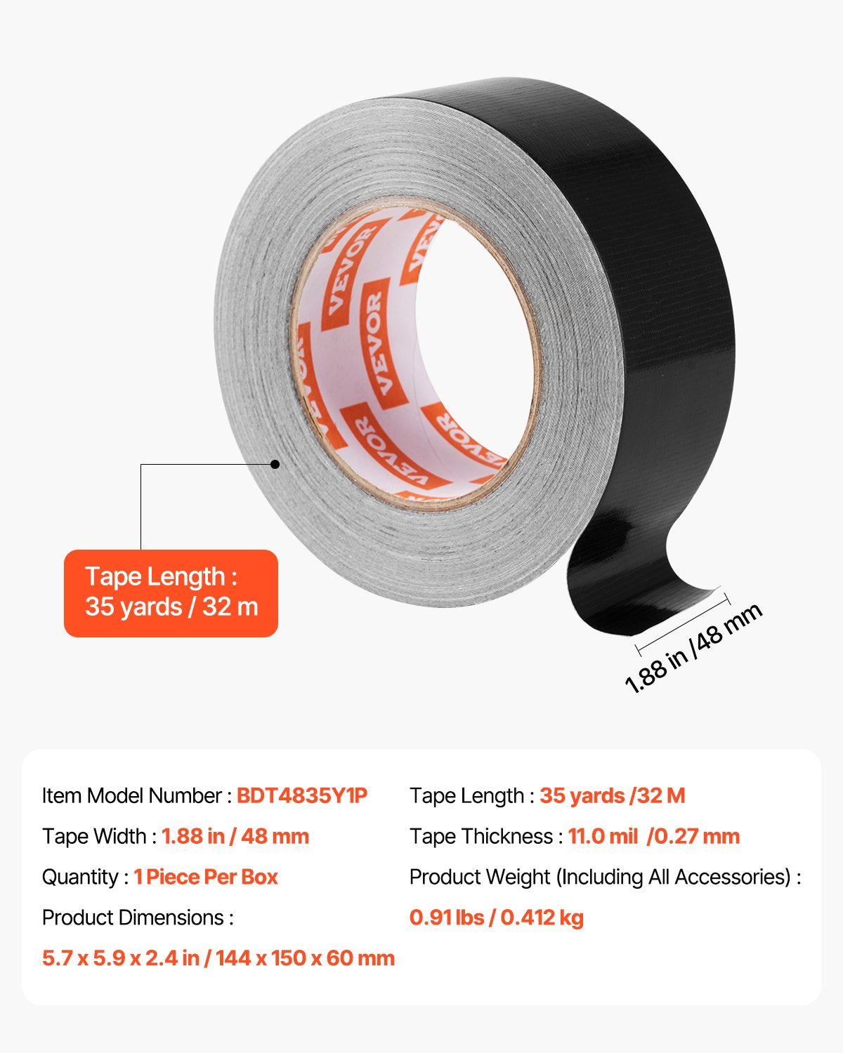 Duct Tape, 1.88 in x 35 Yards, 1-Pack, Waterproof and Temperature-Resistant, No Residue Strong Adhesive Heavy Duty Duct Tape, Tear by Hand, for Indoor and Outdoor Repairs, All Weather, Black
