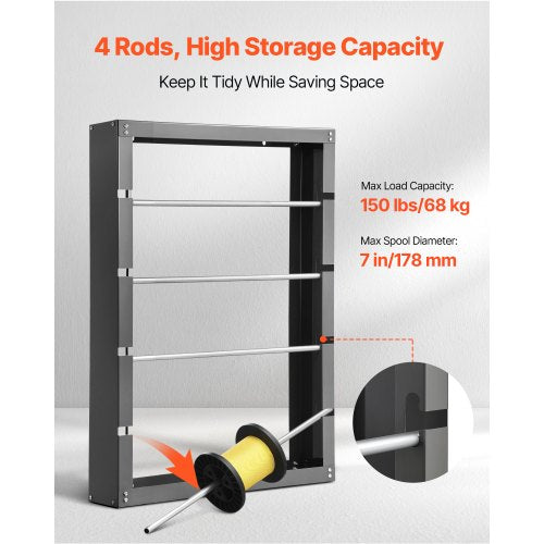 Trådrullställ 4 justerbara stänger Spolhållare Väggmontering 150 lbs Kapacitet