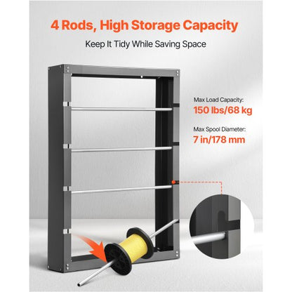 Trådrullställ 4 justerbara stänger Spolhållare Väggmontering 150 lbs Kapacitet