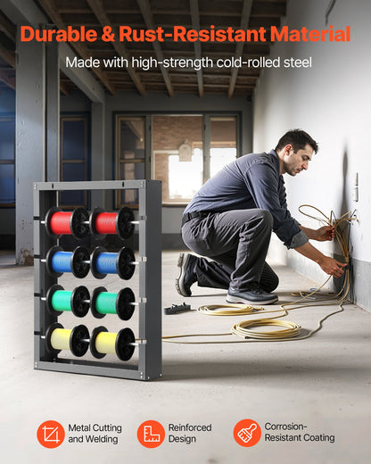 Wire Spool Rack, 4 Adjustable Rods, Cold-Rolled Steel Wire Spool Holder Wall Mounted for Multi-Spools, Wiring Storage, 150 lbs Capacity Cable Dispenser, for Electrical Industrial Retail Use