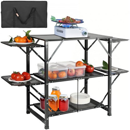 Camping Kitchen Table, One-piece Folding Portable Cook Station with A Carrying Bag, Aluminum Camping Table 4 Iron Side Tables & 2 Shelves, Ideal for Outdoor Picnics, BBQs, Camping, RV Traveling