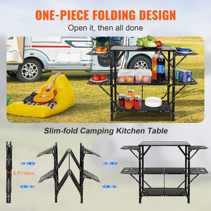 Camping Kitchen Table, One-Piece Foldable Portable Cooking Station with a Carrying Bag, Aluminum Camping Table 4 Iron Side Tables and 2 Shelves, Perfect for Outdoor Picnics, BBQ, Camping, RV Trips