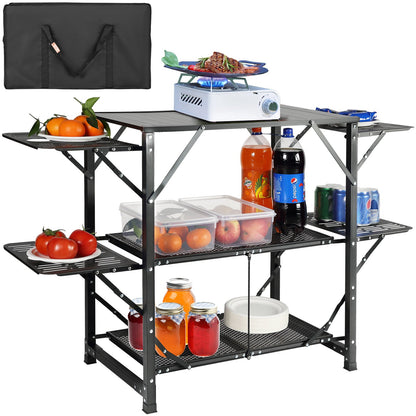 Camping Kitchen Table, One-Piece Foldable Portable Cooking Station with a Carrying Bag, Aluminum Camping Table 4 Iron Side Tables and 2 Shelves, Perfect for Outdoor Picnics, BBQ, Camping, RV Trips