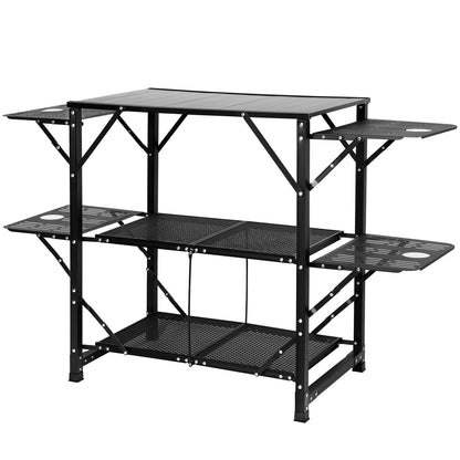 Camping Kitchen Table, One-Piece Foldable Portable Cooking Station with a Carrying Bag, Aluminum Camping Table 4 Iron Side Tables and 2 Shelves, Perfect for Outdoor Picnics, BBQ, Camping, RV Trips