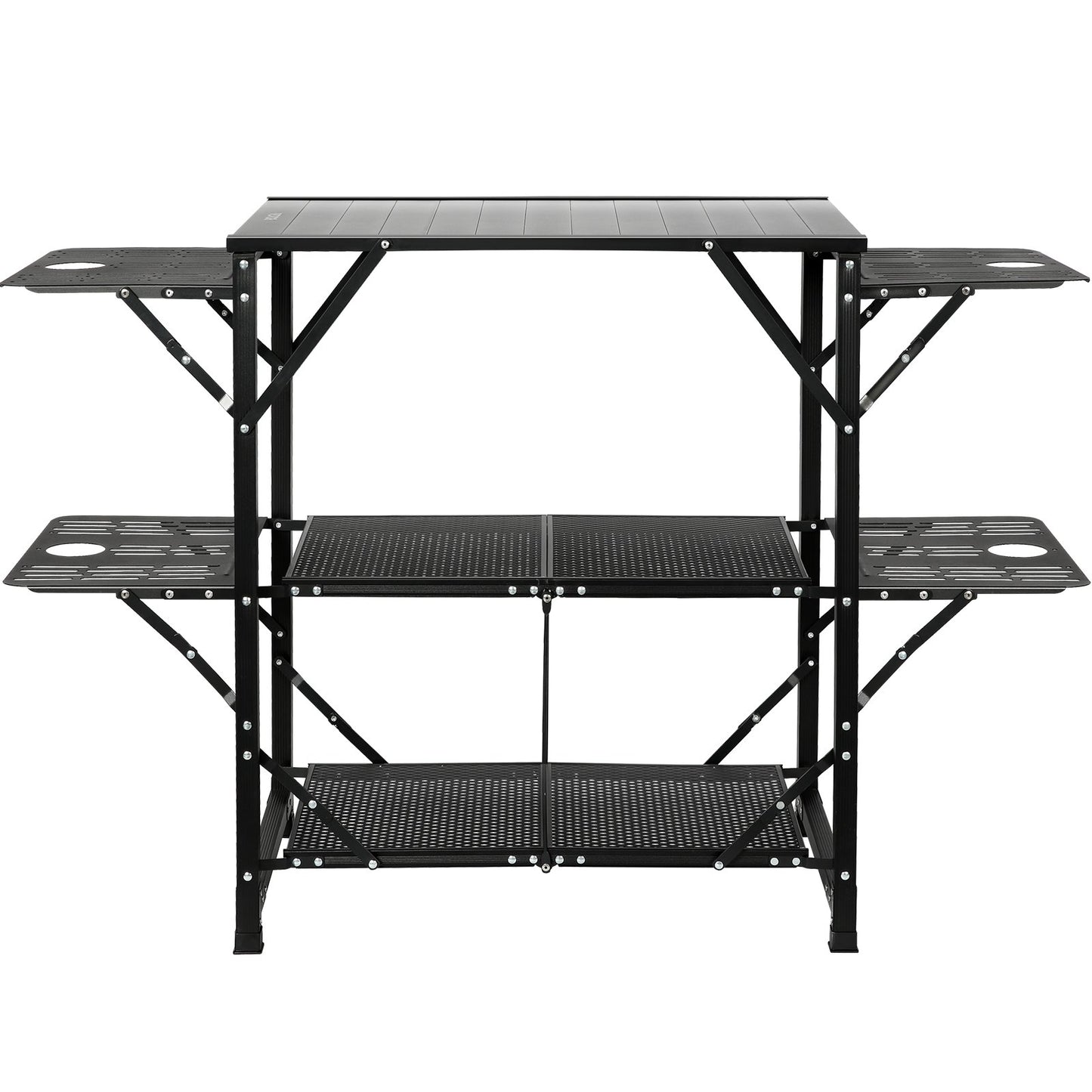 Camping Kitchen Table, One-Piece Foldable Portable Cooking Station with a Carrying Bag, Aluminum Camping Table 4 Iron Side Tables and 2 Shelves, Perfect for Outdoor Picnics, BBQ, Camping, RV Trips