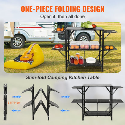 Camping Kitchen Table, One-piece Folding Portable Cook Station with A Carrying Bag, Aluminum Camping Table 4 Iron Side Tables & 2 Shelves, Ideal for Outdoor Picnics, BBQs, Camping, RV Traveling