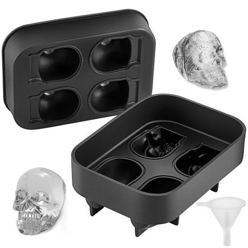Skull Ice Cube Tray, 4-Grid Skull Ice Ball Maker, Flexible Black Silicone Ice Tray with Lid & Funnel, Funny Skull Ice Cubes 1.6"x1.8" Each for Beverage, Chocolate, etc. on Parties & Holidays