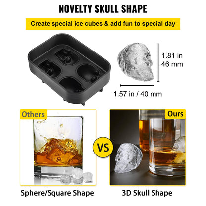 Skull Ice Cube Tray, 4-Grid Skull Ice Ball Maker, Flexible Black Silicone Ice Tray with Lid & Funnel, Funny Skull Ice Cubes 1.6"x1.8" Each for Beverage, Chocolate, etc. on Parties & Holidays