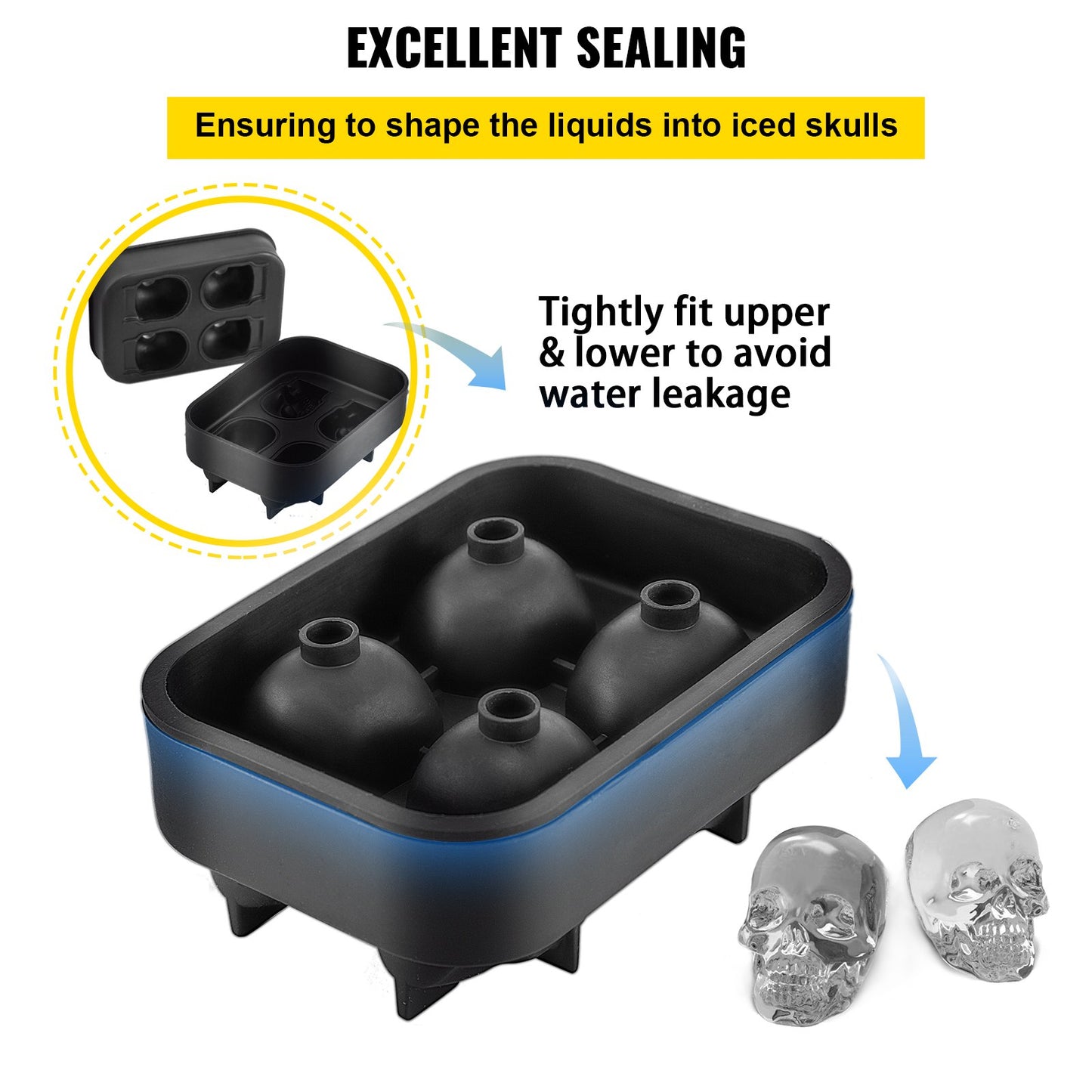 Skull Ice Cube Tray, 4-Grid Skull Ice Ball Maker, Flexible Black Silicone Ice Tray with Lid & Funnel, Funny Skull Ice Cubes 1.6"x1.8" Each for Beverage, Chocolate, etc. on Parties & Holidays
