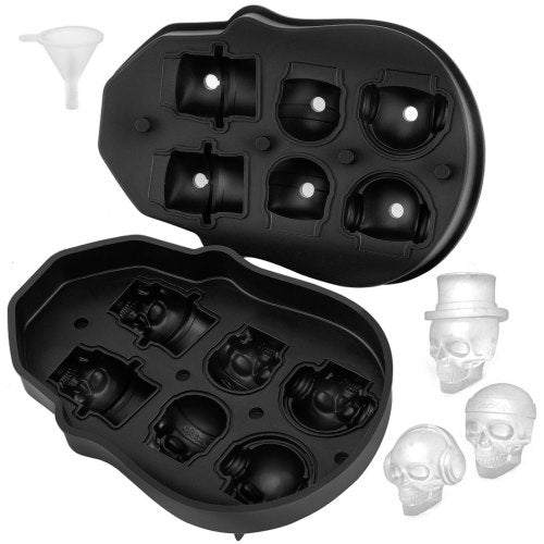 Skull Ice Cube Tray, 6-Grid Skull Ice Ball Maker, Flexible Black Silicone Ice Tray with Lid & Funnel, Skull Ice Cubes in 3 Distinct Patterns for Beverages & Chocolates on Parties & Holidays