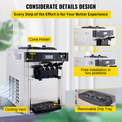 Softeismaschine, 2200 W, kommerzielle Softeismaschine für die Arbeitsplatte, 5,3 bis 7,4 Liter pro Stunde, Eismaschine für Restaurants, Bars, Cafés, Bäckereien