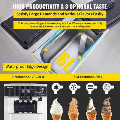 Commercial Soft Ice Cream Machine, 2200W Serve Yogurt Maker, 3 Flavors Ice Cream Maker, 5.3 to 7.4 Gallons per Hour Auto Clean LCD Panel for Restaurants Snack Bars, Stainless Steel