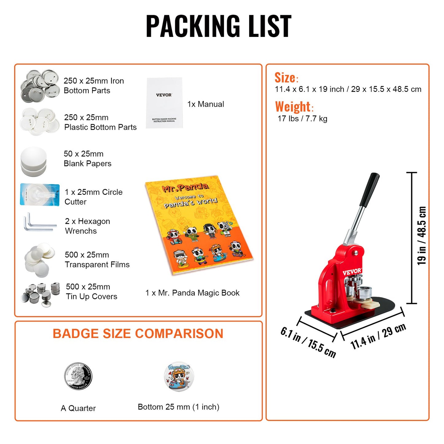 Button Maker Machine Badge Pin Machine 1" 25MM 500 Free Parts Press Kit