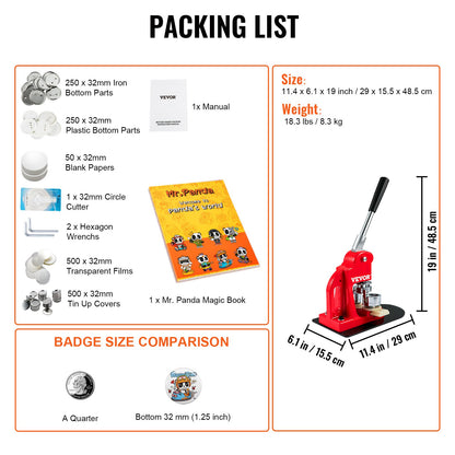 Button Maker Machine Badge Pin Machine 1.25" 32MM 500 Free Parts Press Kit