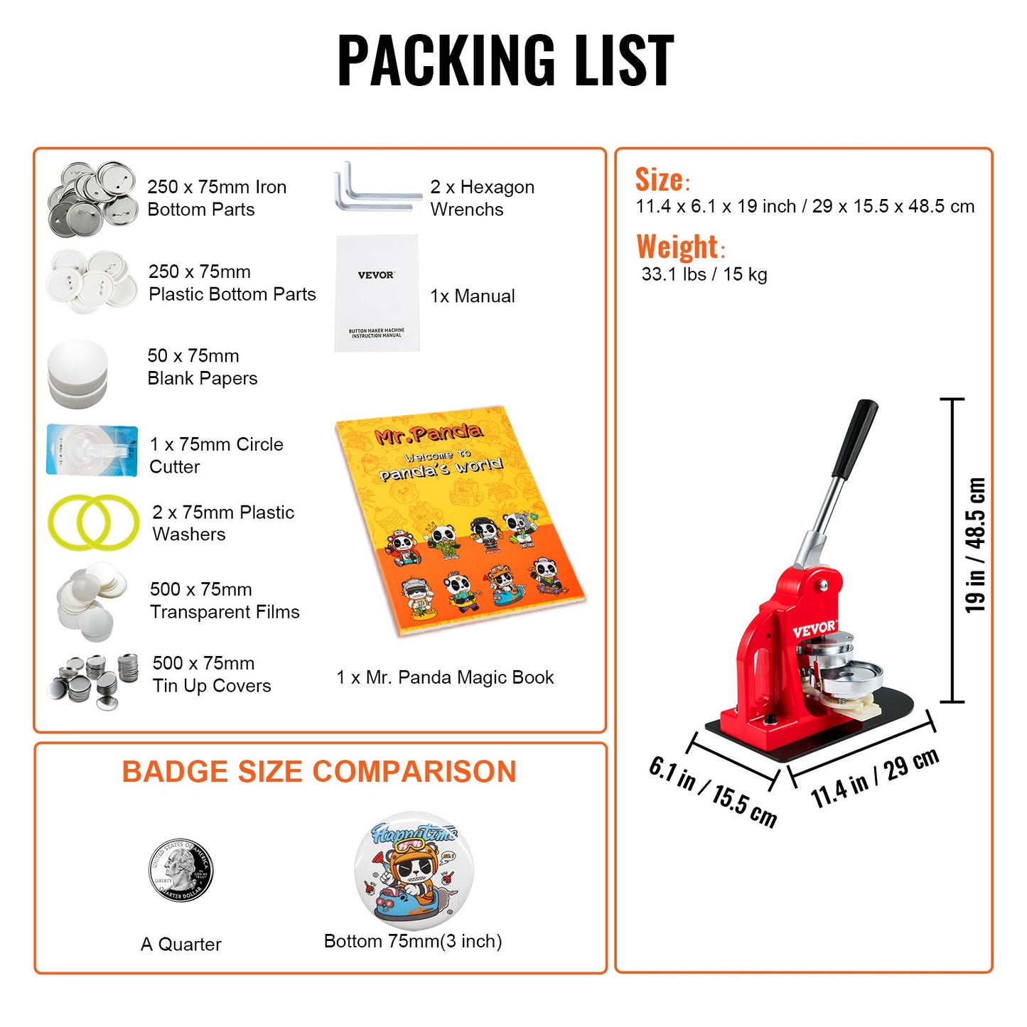 Button Maker Machine, 75mm (3 inch) Badge Punch Press Kit, Kids DIY Gifts Pin Maker, Button Making Accessories with 500pcs Button Parts &amp; Circle Cutter &amp; Magic Book