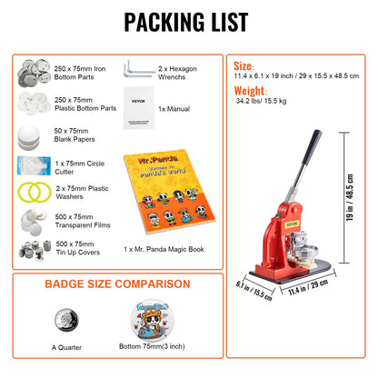 Button Maker Machine, 75 mm (3 inch) Badge Punch Press Kit, Children DIY Gifts Pin Maker, Button Making Supplies with 500pcs Button Parts & Circle Cutter & Magic Book