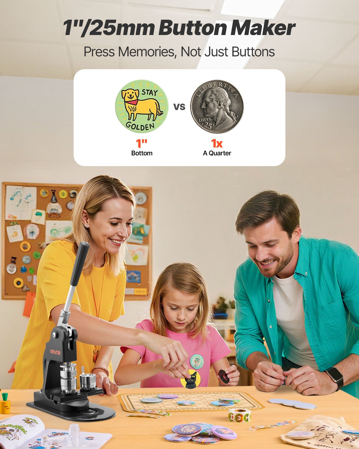 Button Maker Machine, 1 in, Pin Maker Machine with 500pcs Button Parts, Circle Cutter, Hex Wrenches and Magic Book, Ergonomic Handle, for DIY Badges, Personalized Pins and Key Chains, Black