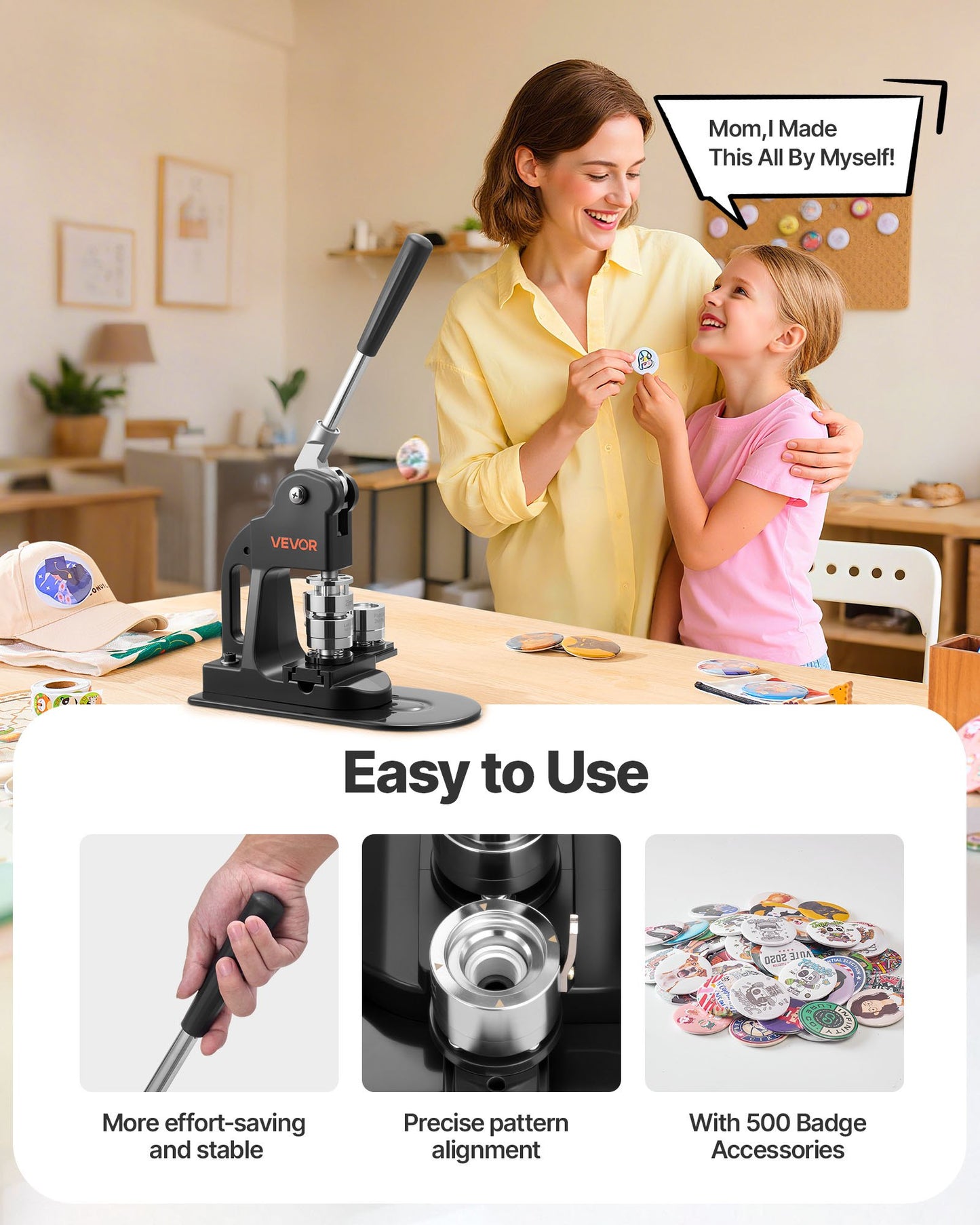 Button Maker Machine, 1 in, Pin Maker Machine with 500pcs Button Parts, Circle Cutter, Hex Wrenches and Magic Book, Ergonomic Handle, for DIY Badges, Personalized Pins and Key Chains, Black