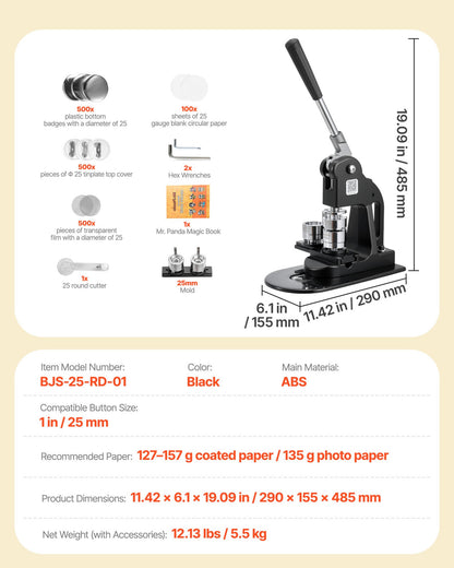 Button Maker Machine, 1 in, Pin Maker Machine with 500pcs Button Parts, Circle Cutter, Hex Wrenches and Magic Book, Ergonomic Handle, for DIY Badges, Personalized Pins and Key Chains, Black