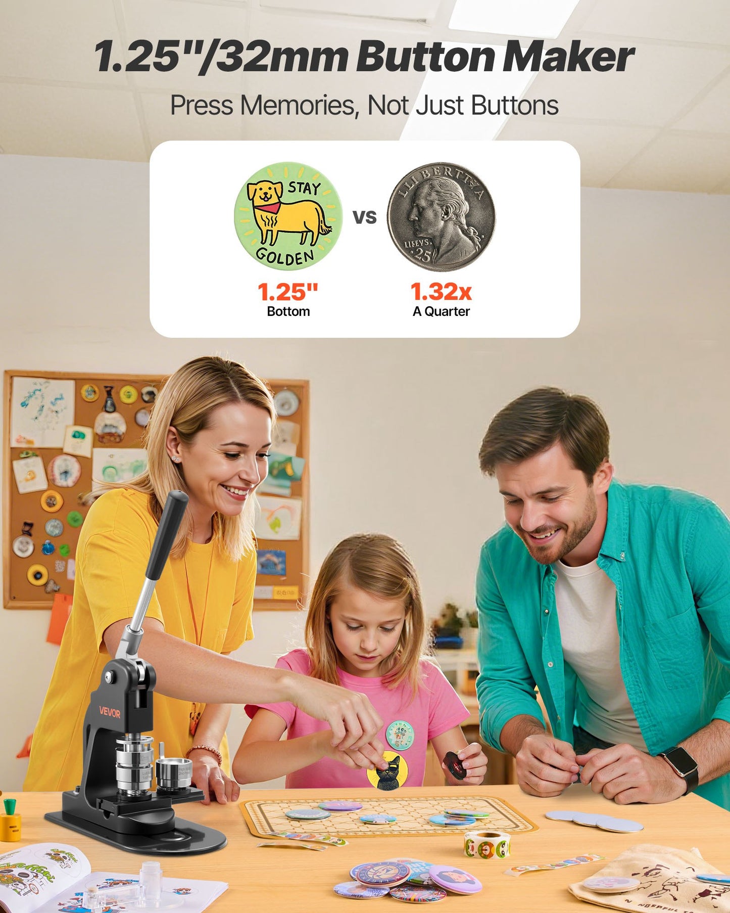 Button Maker Machine, 1.25 in, Pin Maker Machine with 500pcs Button Parts, Circle Cutter, Hex Wrenches and Magic Book, Ergonomic Handle, for DIY Badges, Personalized Pins and Key Chains, Black