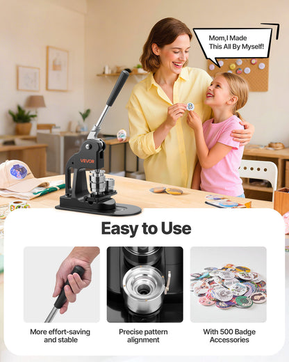 Button Maker Machine, 1.25 in, Pin Maker Machine with 500pcs Button Parts, Circle Cutter, Hex Wrenches and Magic Book, Ergonomic Handle, for DIY Badges, Personalized Pins and Key Chains, Black