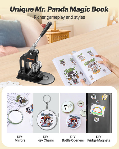 Button Maker Machine, 1.25 in, Pin Maker Machine with 500pcs Button Parts, Circle Cutter, Hex Wrenches and Magic Book, Ergonomic Handle, for DIY Badges, Personalized Pins and Key Chains, Black