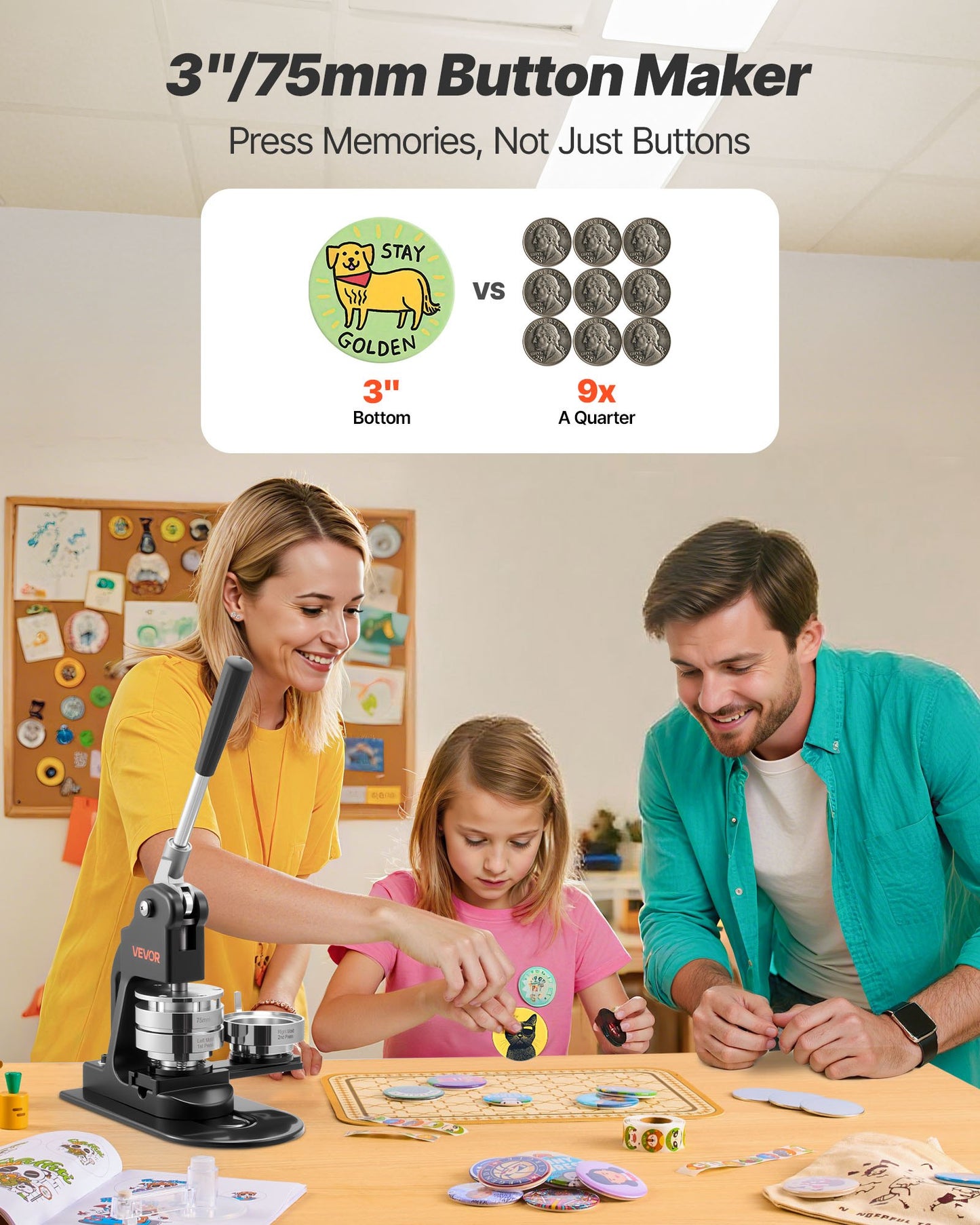 Button Maker Machine, 3 in, Pin Maker Machine with 500pcs Button Parts, Circle Cutter, Hex Wrenches and Magic Book, Ergonomic Handle, for DIY Badges, Personalized Pins and Key Chains, Black