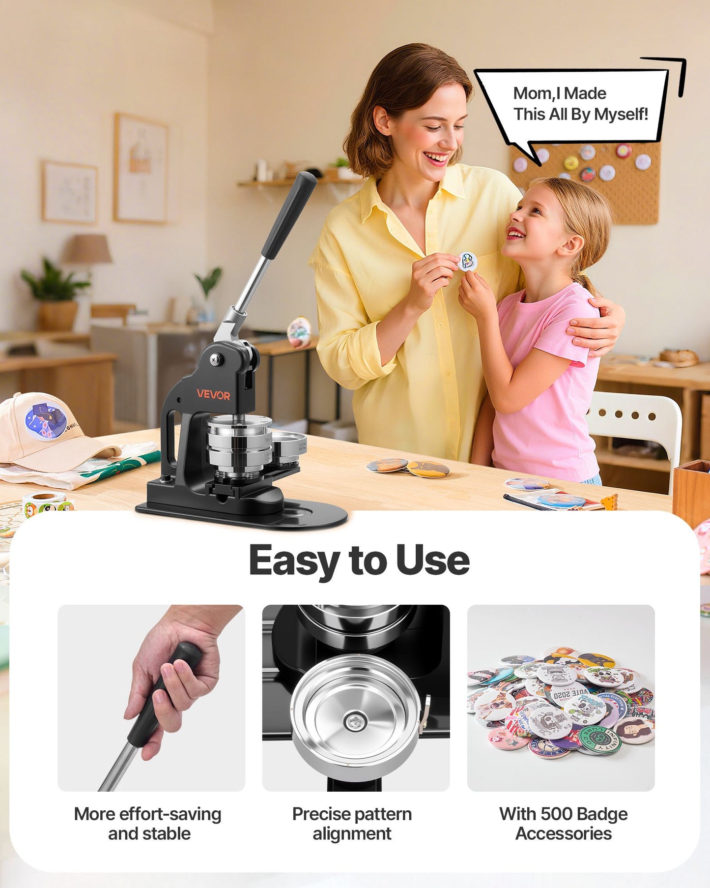 Button Maker Machine, 3 in, Pin Maker Machine with 500pcs Button Parts, Circle Cutter, Hex Wrenches and Magic Book, Ergonomic Handle, for DIY Badges, Personalized Pins and Key Chains, Black