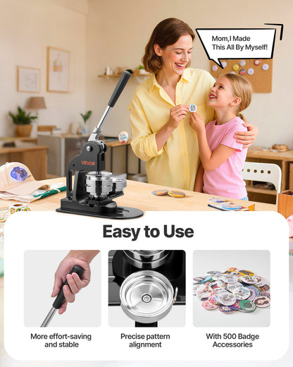 Button Maker Machine, 3 in, Pin Maker Machine with 500pcs Button Parts, Circle Cutter, Hex Wrenches and Magic Book, Ergonomic Handle, for DIY Badges, Personalized Pins and Key Chains, Black