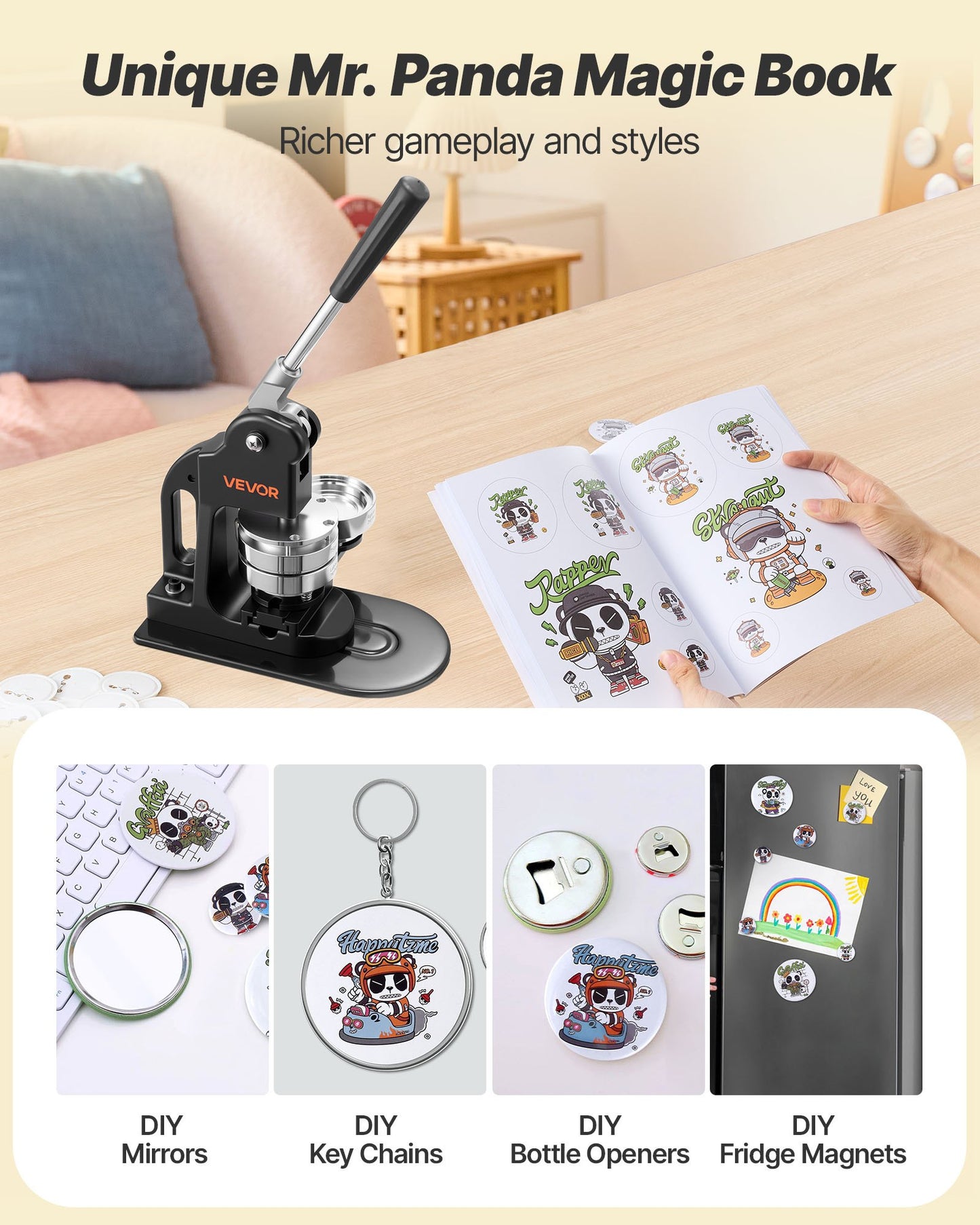 Button Maker Machine, 3 in, Pin Maker Machine with 500pcs Button Parts, Circle Cutter, Hex Wrenches and Magic Book, Ergonomic Handle, for DIY Badges, Personalized Pins and Key Chains, Black