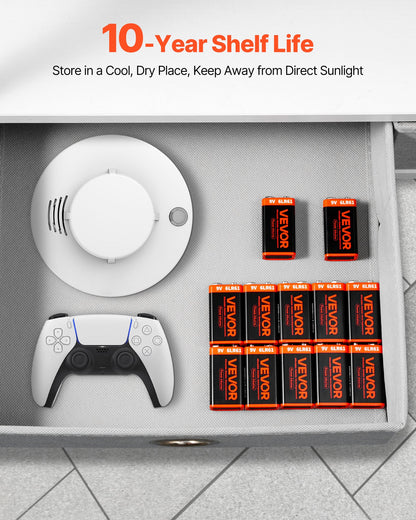 9V Alkaline Batteries, 12-Pack, 9 Volt Square Battery for Smoke Detector, 10-Year Shelf Life, Long Lasting, All-Purpose, for Fire Alarm, Household Office Business Devices, Electronics & Audio