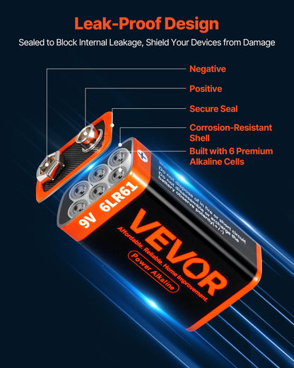 9V Alkaline Batteries, 12-Pack, 9 Volt Square Battery for Smoke Detector, 10-Year Shelf Life, Long Lasting, All-Purpose, for Fire Alarm, Household Office Business Devices, Electronics & Audio